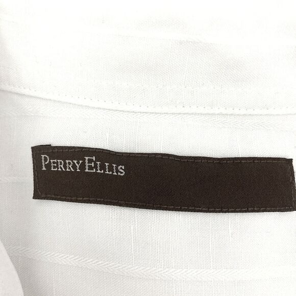 Perry Ellis Linen Shirt L White Striped Short Sleeve Button Down Men's Casual - Picture 9 of 9